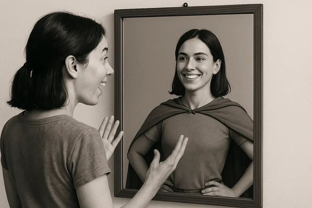 A woman smiles confidently in a cape reflection while she talks excitedly to the mirror, overcoming how self doubt keeps you stuck.