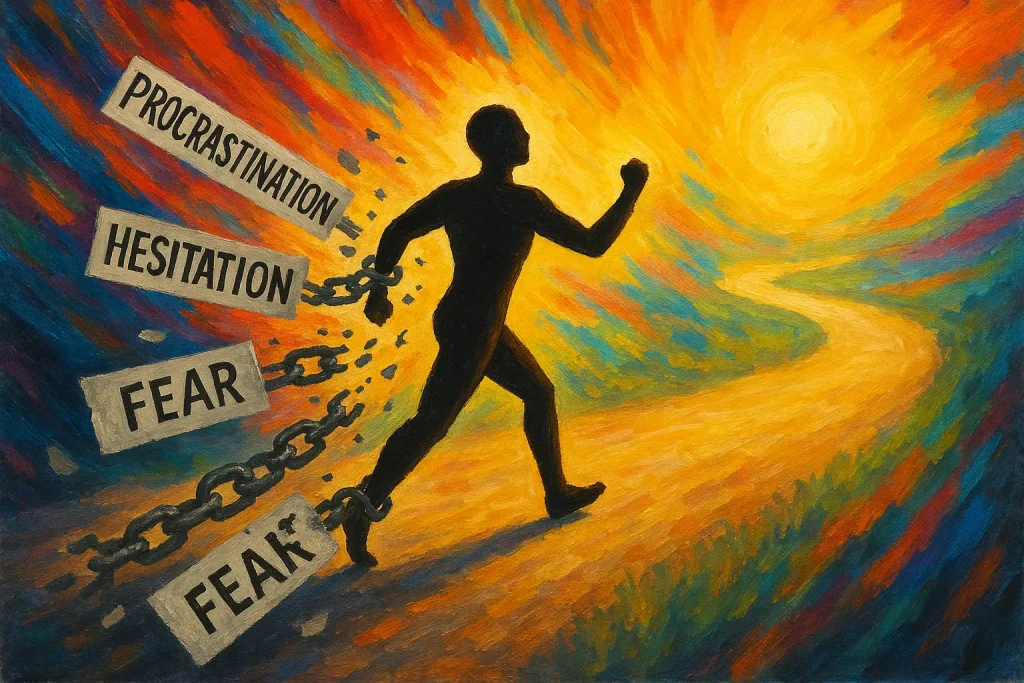 A person breaks chains labeled fear, hesitation, and how self doubt keeps you stuck, walking toward a bright light.