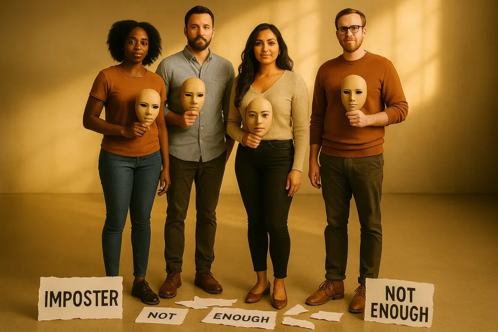 Four people hold expressionless masks, standing above torn signs reading IMPOSTER and NOT ENOUGH, capturing how self doubt keeps you stuck in a cycle of uncertainty.