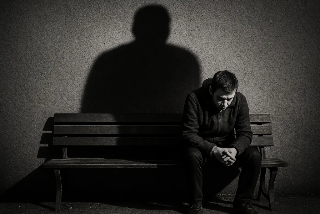 A man sits on a bench in shadow, looking down, while a large, looming shadow behind him hints at how self doubt keeps you stuck.