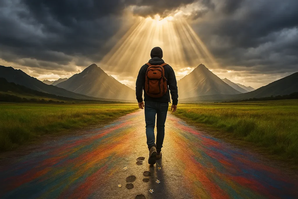A person with a backpack walks on a colorful path toward mountains, sunbeams breaking through dark clouds—an image capturing how self doubt keeps you stuck before finding the courage to move forward.