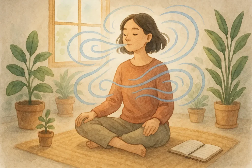 A woman meditates cross-legged among plants, eyes closed, with blue lines showing her calm breathing—quietly confronting how self doubt keeps you stuck.